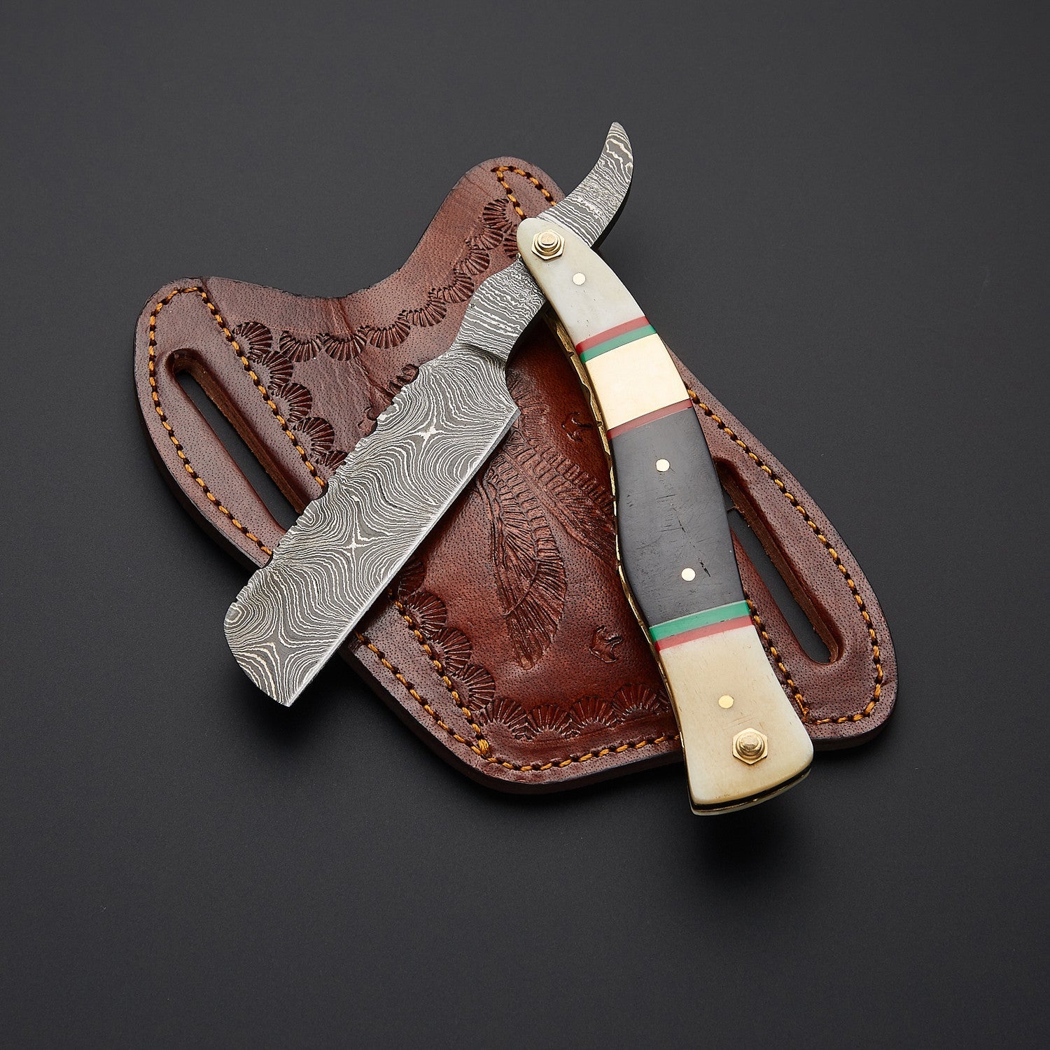 Damascus Steel Straight Razor Folding Knife  Colorful Wooden Handle, Leather Sheath Knives Craft