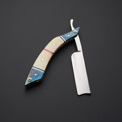 Damascus Steel Straight Razor Folding Knife Colorful Wooden Handle, Leather Sheath Knives Craft