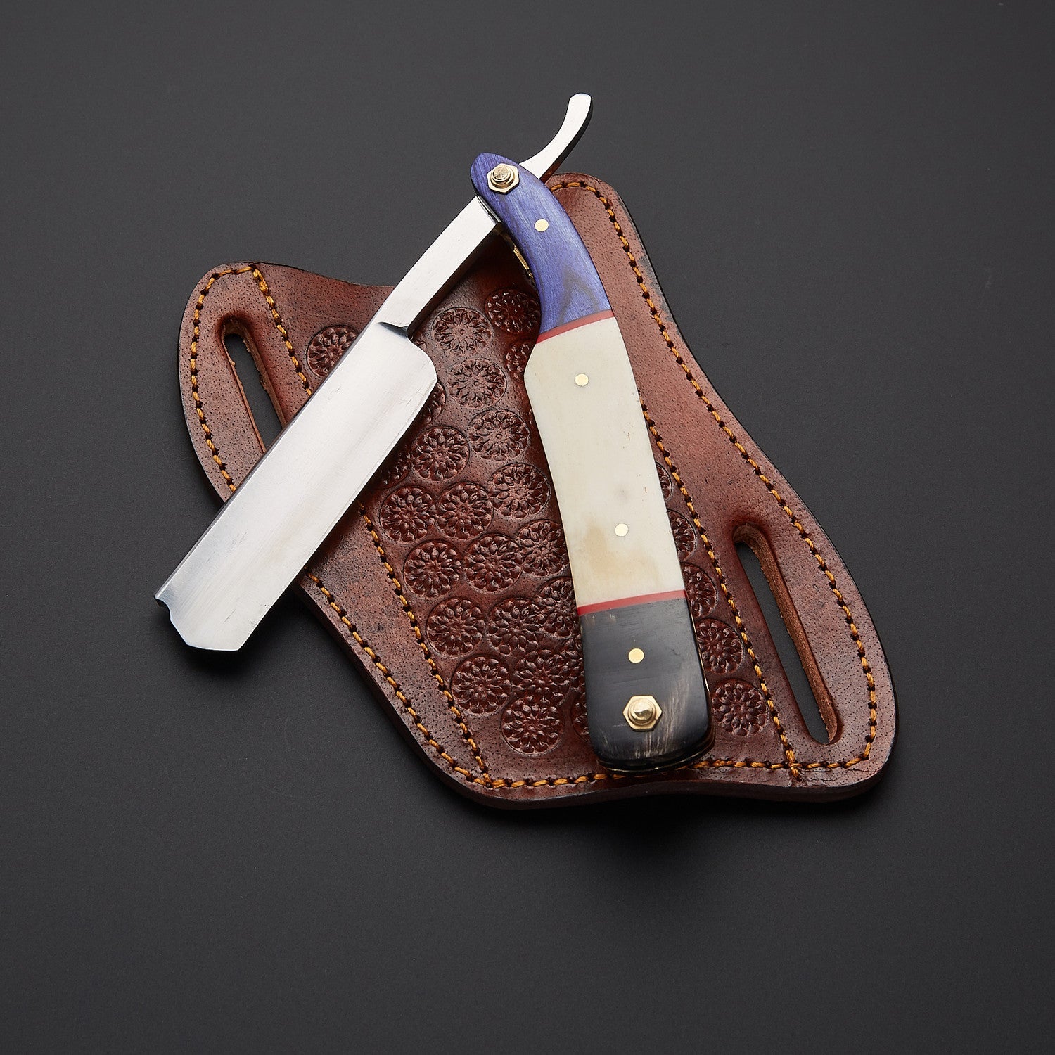 Damascus Steel Straight Razor Folding Knife  Artistic Wooden Handle, Leather Sheath Knives Craft