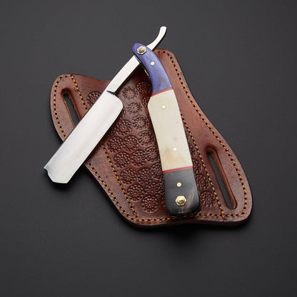 Damascus Steel Straight Razor Folding Knife  Artistic Wooden Handle, Leather Sheath Knives Craft