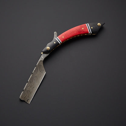 Damascus Steel Straight Razor Folding Knife Vibrant Wooden Handle, Leather Sheath Knives Craft