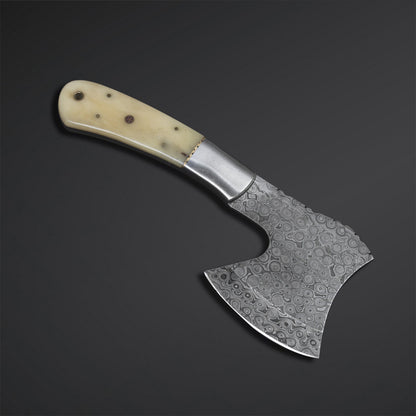 Custom Hand-Forged Damascus Steel Axe with Bone Handle & Leather Sheath Knives Craft