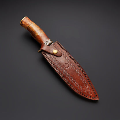 Handmade Damascus Steel Knife with Olive Wood Handle &amp; Leather Sheath Knives Craft