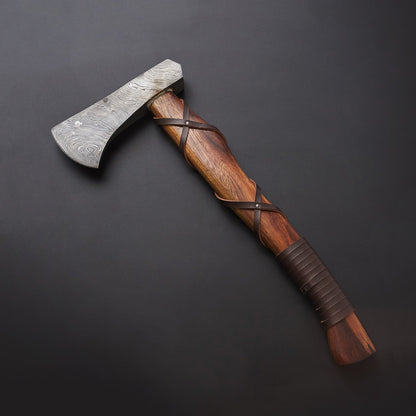 🪓 Hand-Forged Damascus Steel Viking Axe with Wooden Handle & Brown Leather Sheath 🪓 Knives Craft