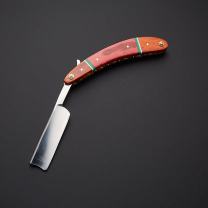 Damascus Steel Straight Razor Folding Knife Stylish Wooden Handle, Leather Sheath Knives Craft