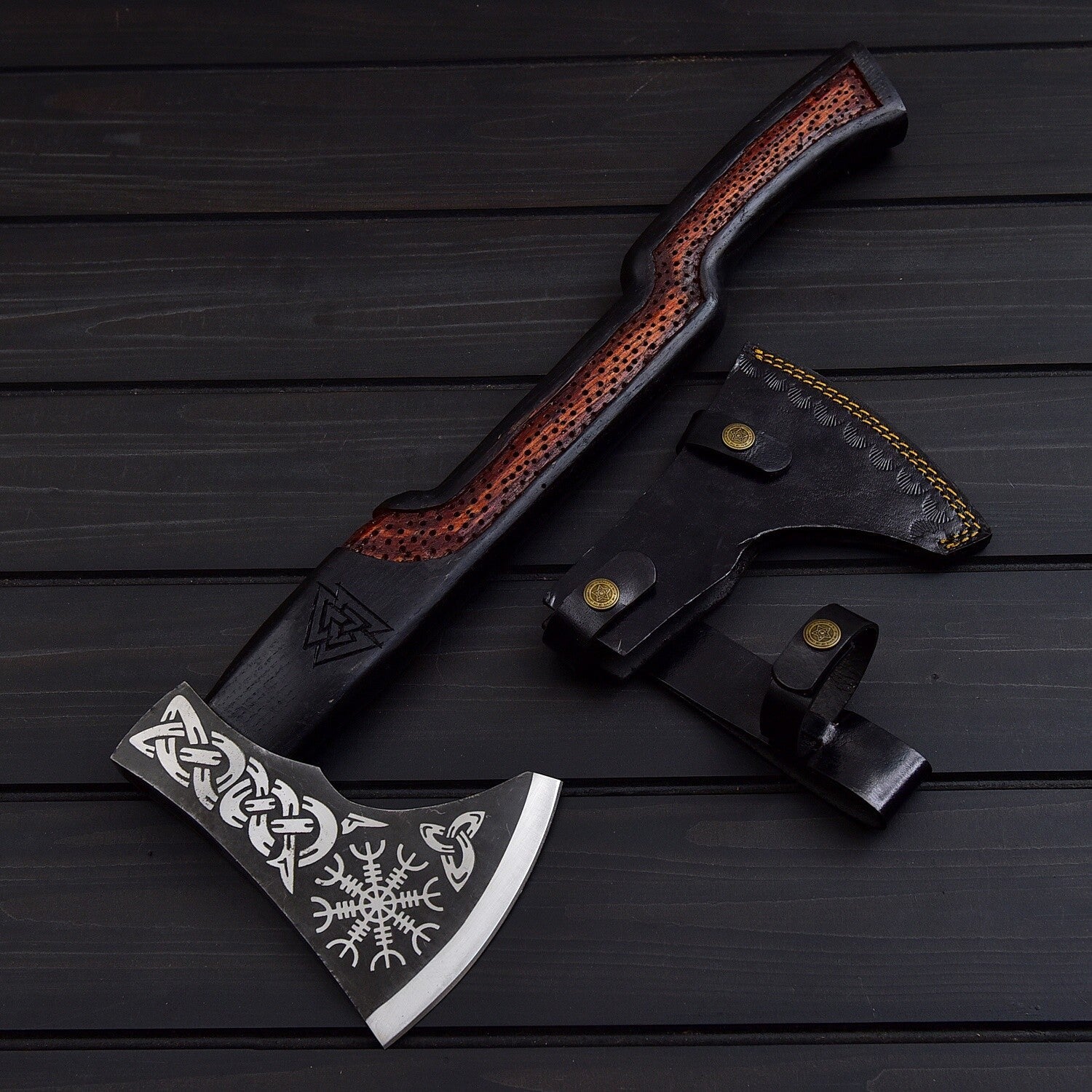 Handmade Viking Axe with Carved Handle & Leather Sheath – Norse Design Knives Craft