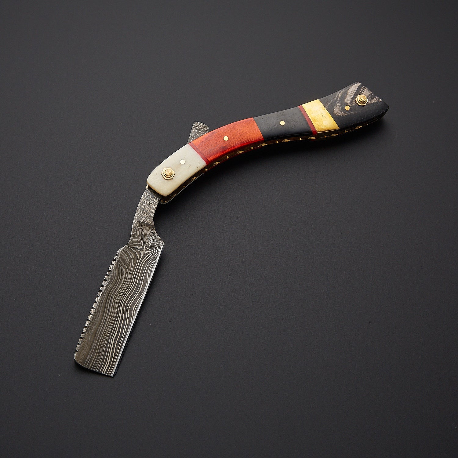 Damascus Steel Straight Razor Folding Knife  Vibrant Wooden Handle, Leather Sheath Knives Craft
