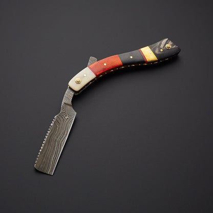 Damascus Steel Straight Razor Folding Knife  Vibrant Wooden Handle, Leather Sheath Knives Craft