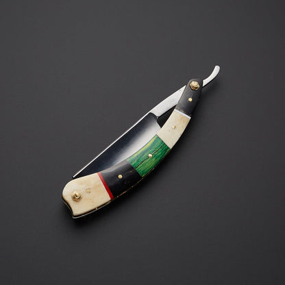 Damascus Steel Straight Razor Folding Knife Colorful Wooden Handle, Leather Sheath Knives Craft