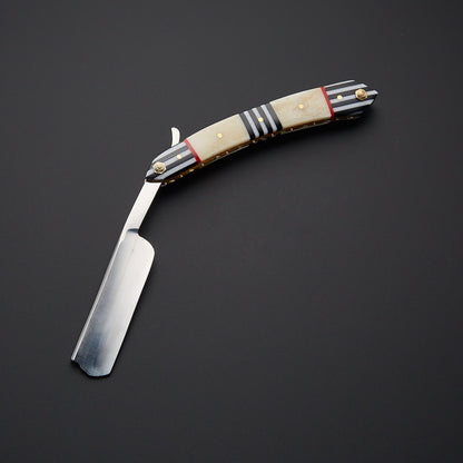 Damascus Steel Straight Razor Folding Knife  Elegant Striped Wooden Handle, Leather Sheath Knives Craft