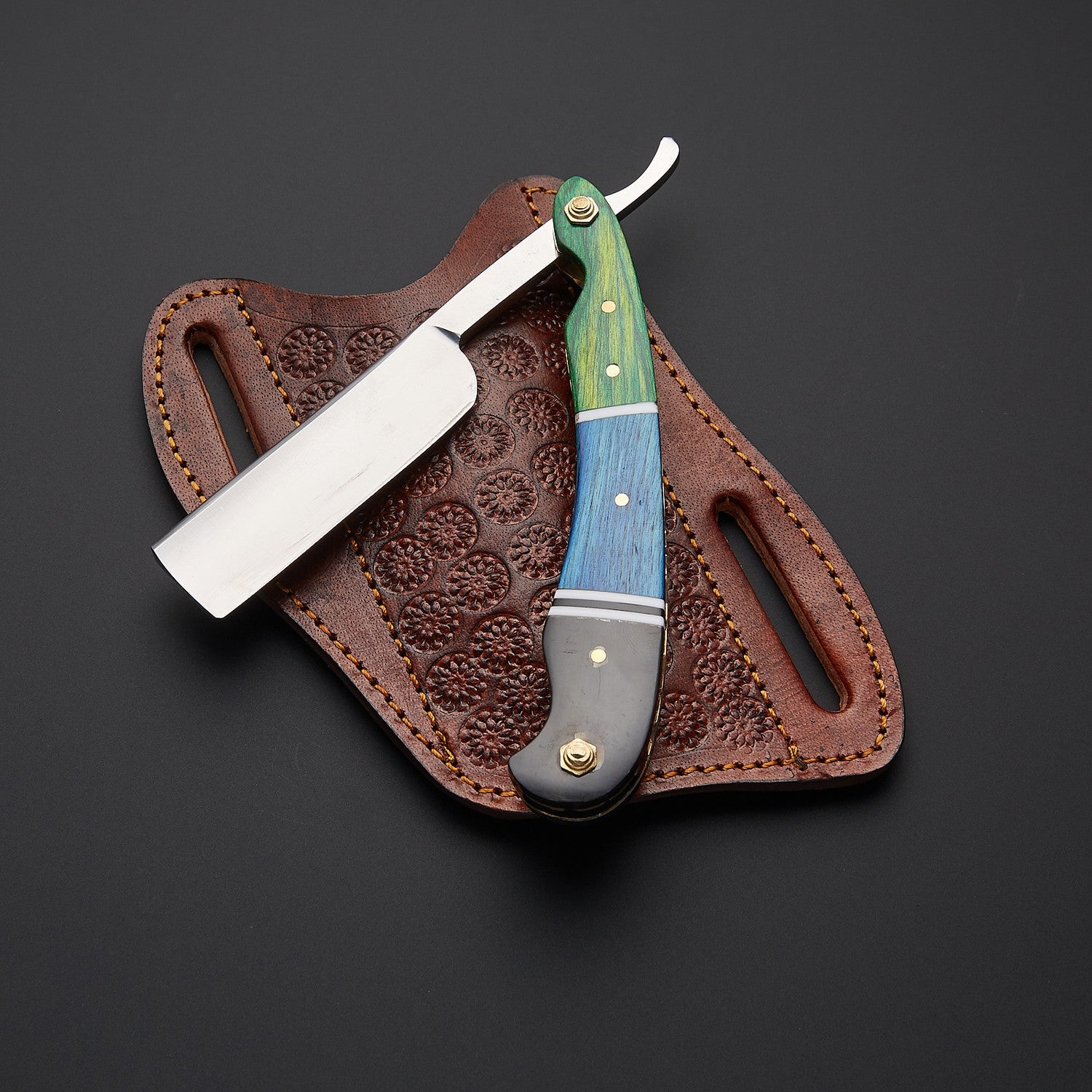 Damascus Steel Straight Razor Folding Knife Colorful Wooden Handle, Leather Sheath Knives Craft