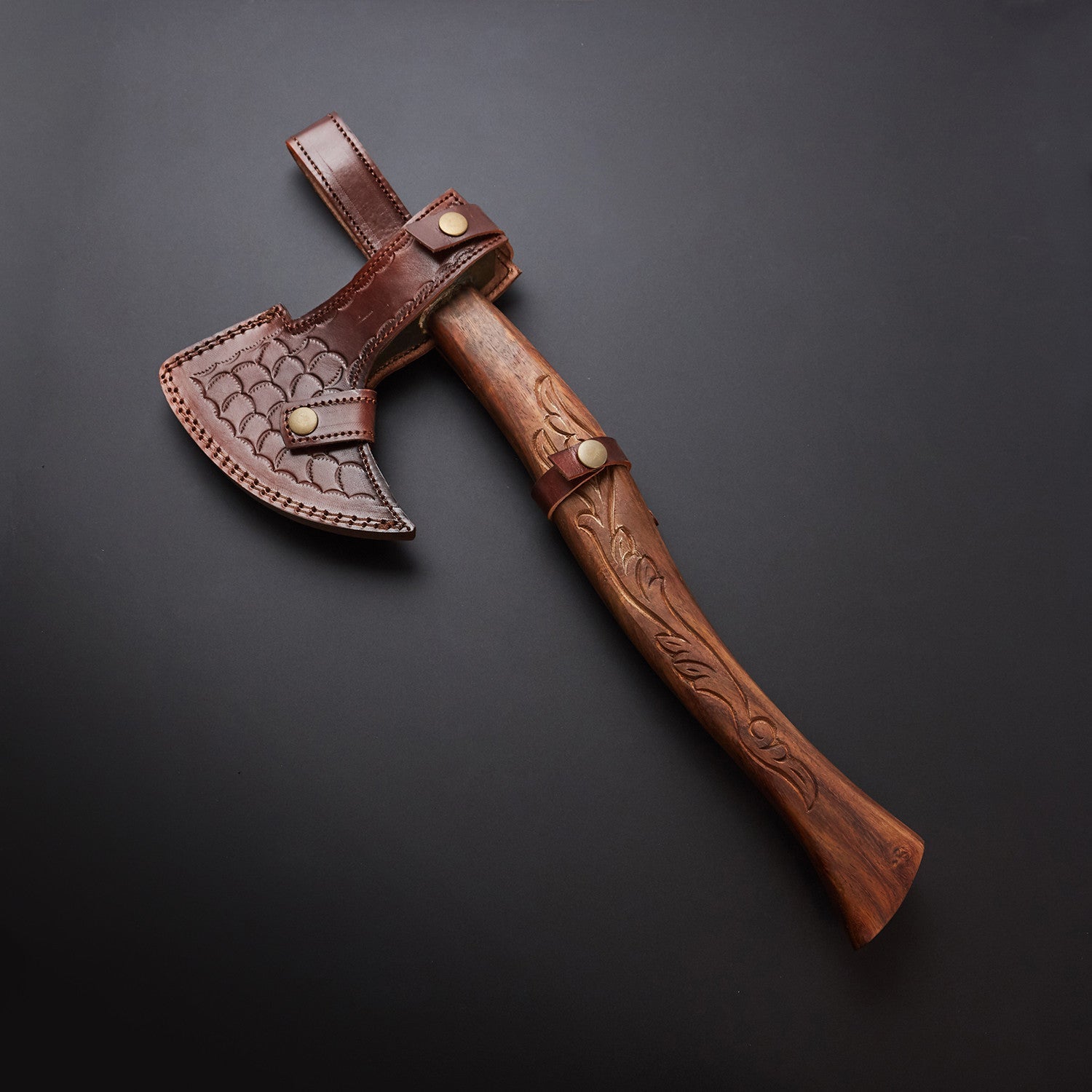 🪓 Hand-Forged DamascusSteel Viking Axe with Carved Wooden Handle & Leather Sheath 🪓 Knives Craft
