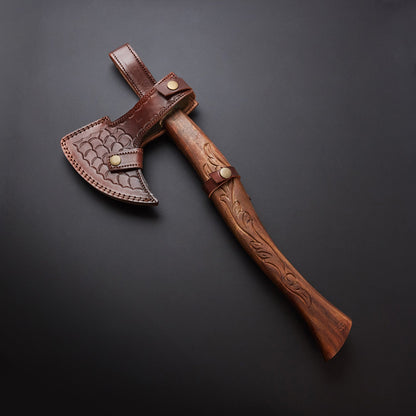 🪓 Hand-Forged DamascusSteel Viking Axe with Carved Wooden Handle & Leather Sheath 🪓 Knives Craft