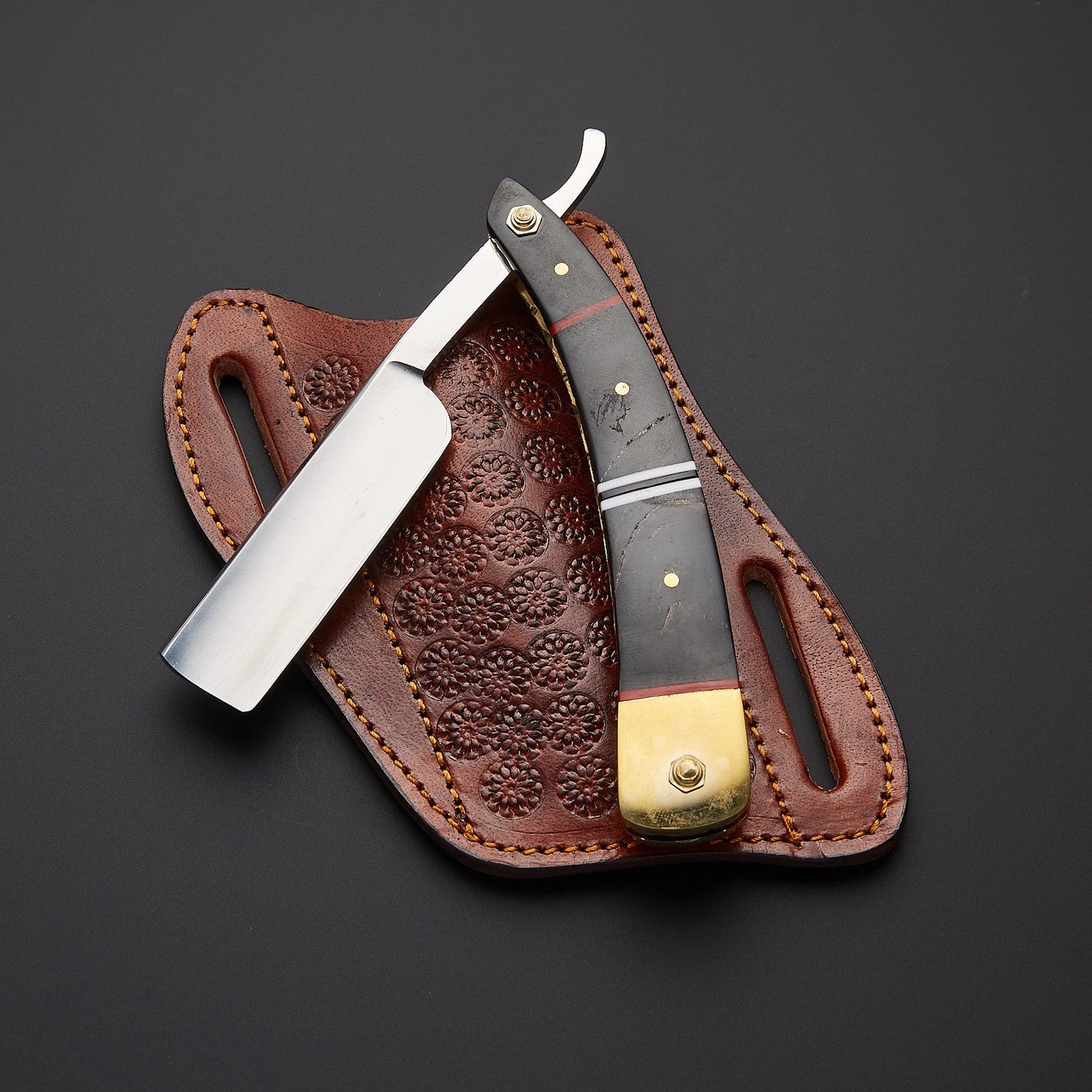 Damascus Steel Straight Razor Folding Knife Sleek Wooden Handle, Leather Sheath Knives Craft