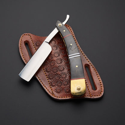 Damascus Steel Straight Razor Folding Knife Sleek Wooden Handle, Leather Sheath Knives Craft