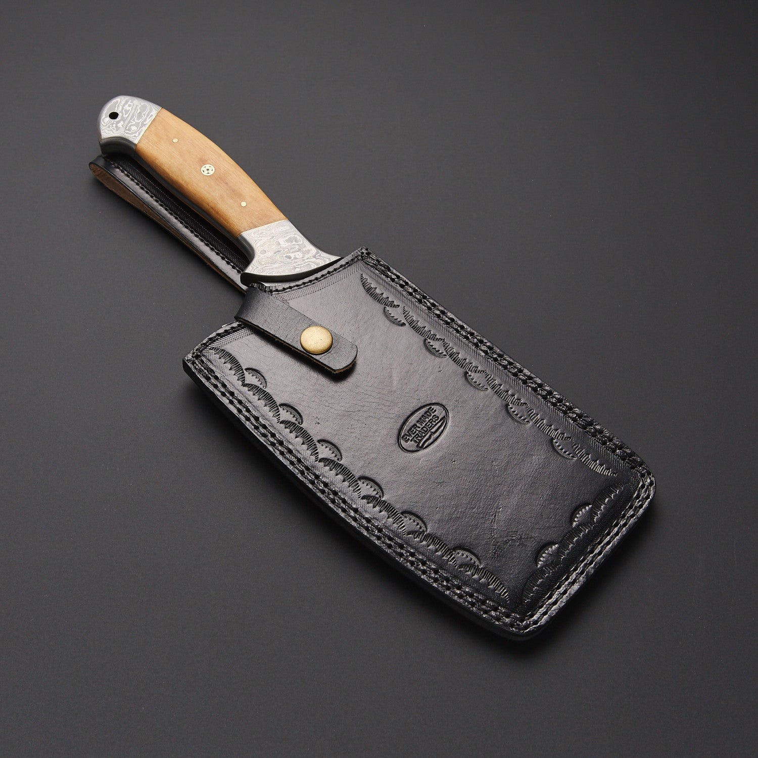 Hand-Forged Damascus Steel Cleaver Knife with Wood Handle + Leather Sheath Knives Craft