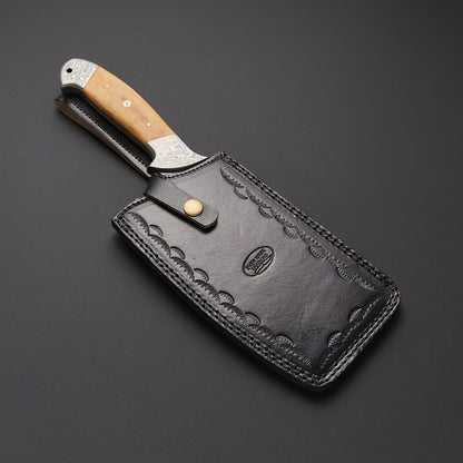 Hand-Forged Damascus Steel Cleaver Knife with Wood Handle + Leather Sheath Knives Craft