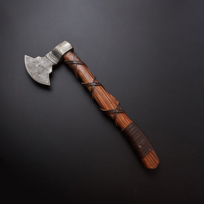 🪓 Hand-Forged Damascus Steel Viking Axe with Leather-Wrapped Wooden Handle & Brown Sheath 🪓 Knives Craft