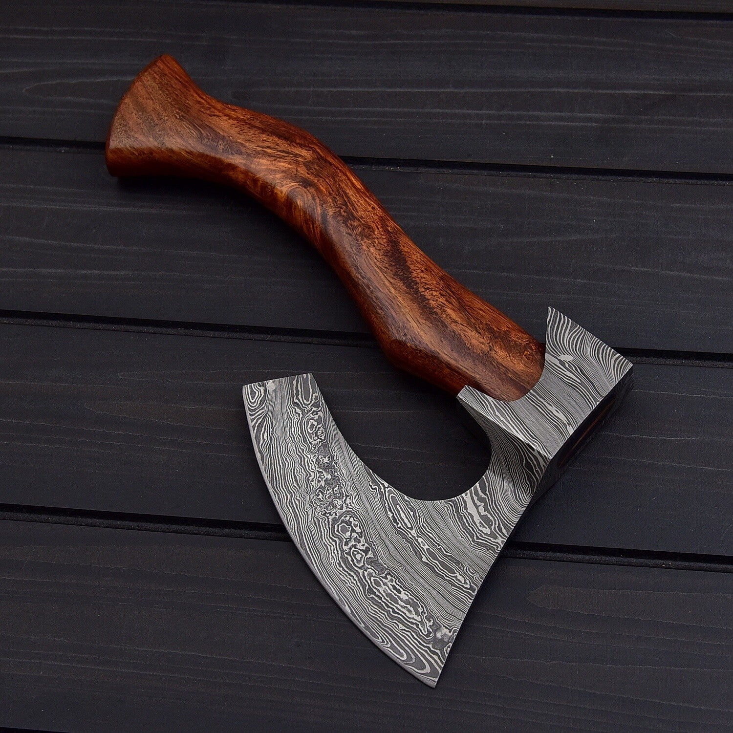 Hand-Forged Damascus Steel Viking Axe with Curved Wood Handle & Leather Sheath Knives Craft
