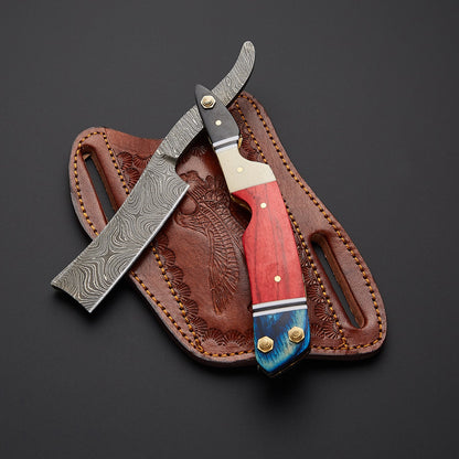 Damascus Steel Straight Razor Folding Knife Colorful Wooden Handle, Leather Sheath Knives Craft