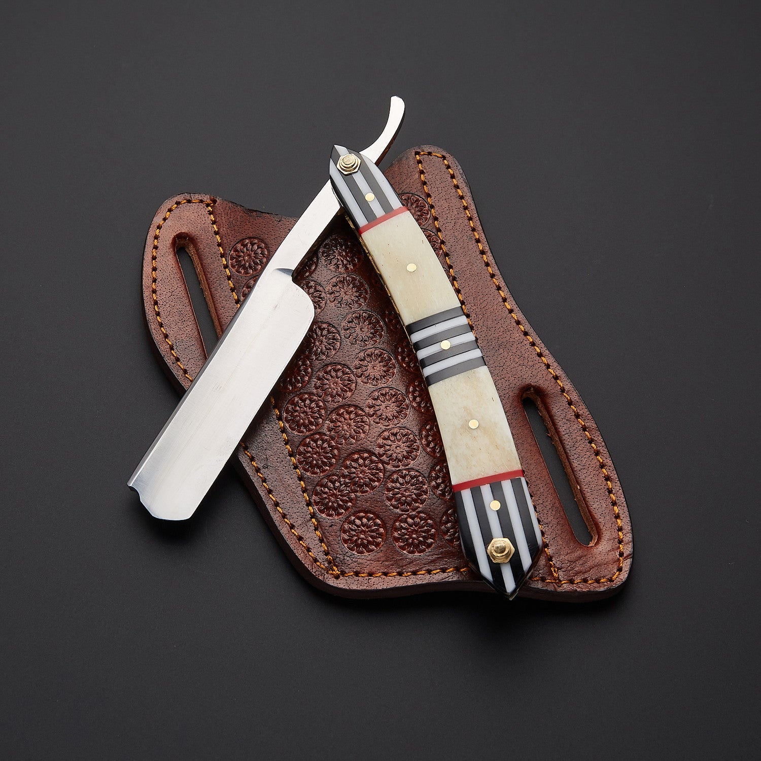 Damascus Steel Straight Razor Folding Knife  Elegant Striped Wooden Handle, Leather Sheath Knives Craft