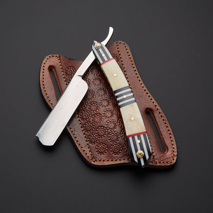 Damascus Steel Straight Razor Folding Knife  Elegant Striped Wooden Handle, Leather Sheath Knives Craft